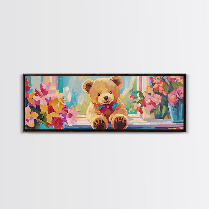 Sweet Teddy Bear By Flower Window Framed Canvas Print, Nursery Wall Art, Kids Room Decor, Whimsical Baby Girl Nursery Gift