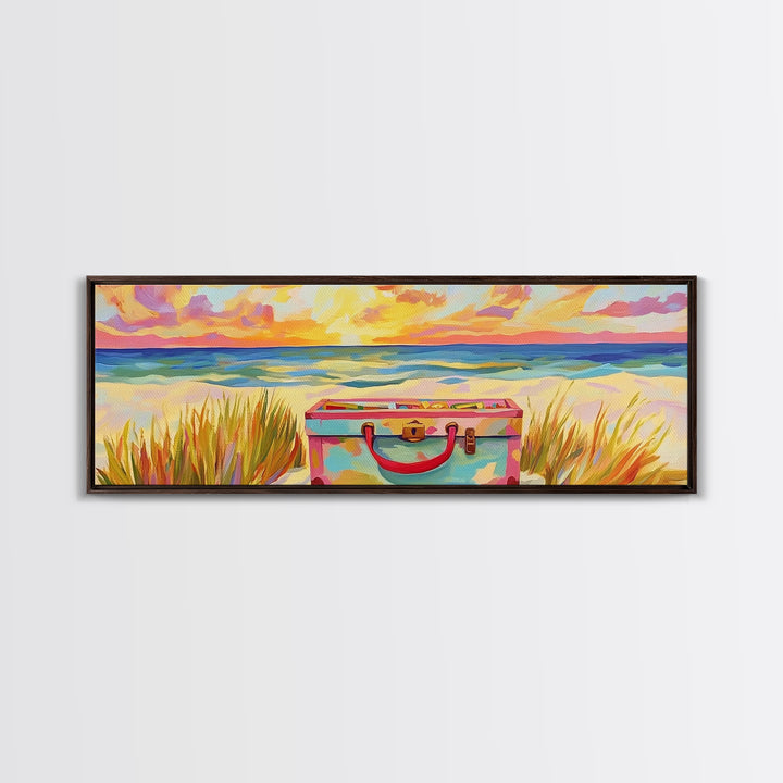 Beach Suitcase At Sunset Canvas Print, Coastal Wall Art, Ocean Wall Decor, Travel Poster, Beach House Decor Gift For Her