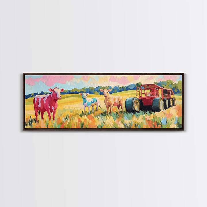 Cows And Sheep Beside Red Farm Wagon Canvas Print, Rustic Farmhouse Wall Art, Country Landscape, Nursery Animal Decor, Baby Shower Gift