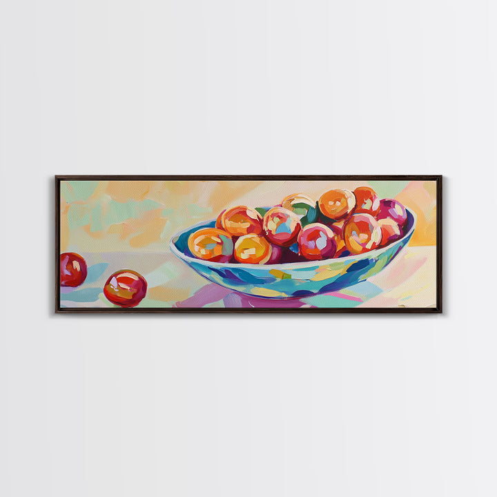 Glossy Cherries In Blue Bowl Canvas Print, Colorful Kitchen Wall Art, Fruit Still Life Painting, Dining Room Decor Gift Idea