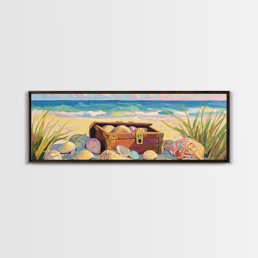 Beach Treasure Chest With Seashells Wall Art, Coastal Canvas Print, Ocean Decor, Beach House Decor, Summer Seascape Gift