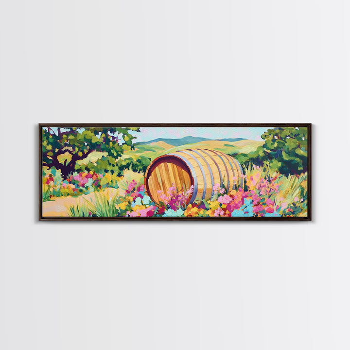 Wine Barrel In Wildflower Vineyard Wall Art, Framed Canvas Print, Winery Decor, Rustic Landscape Art, Housewarming Gift For Her