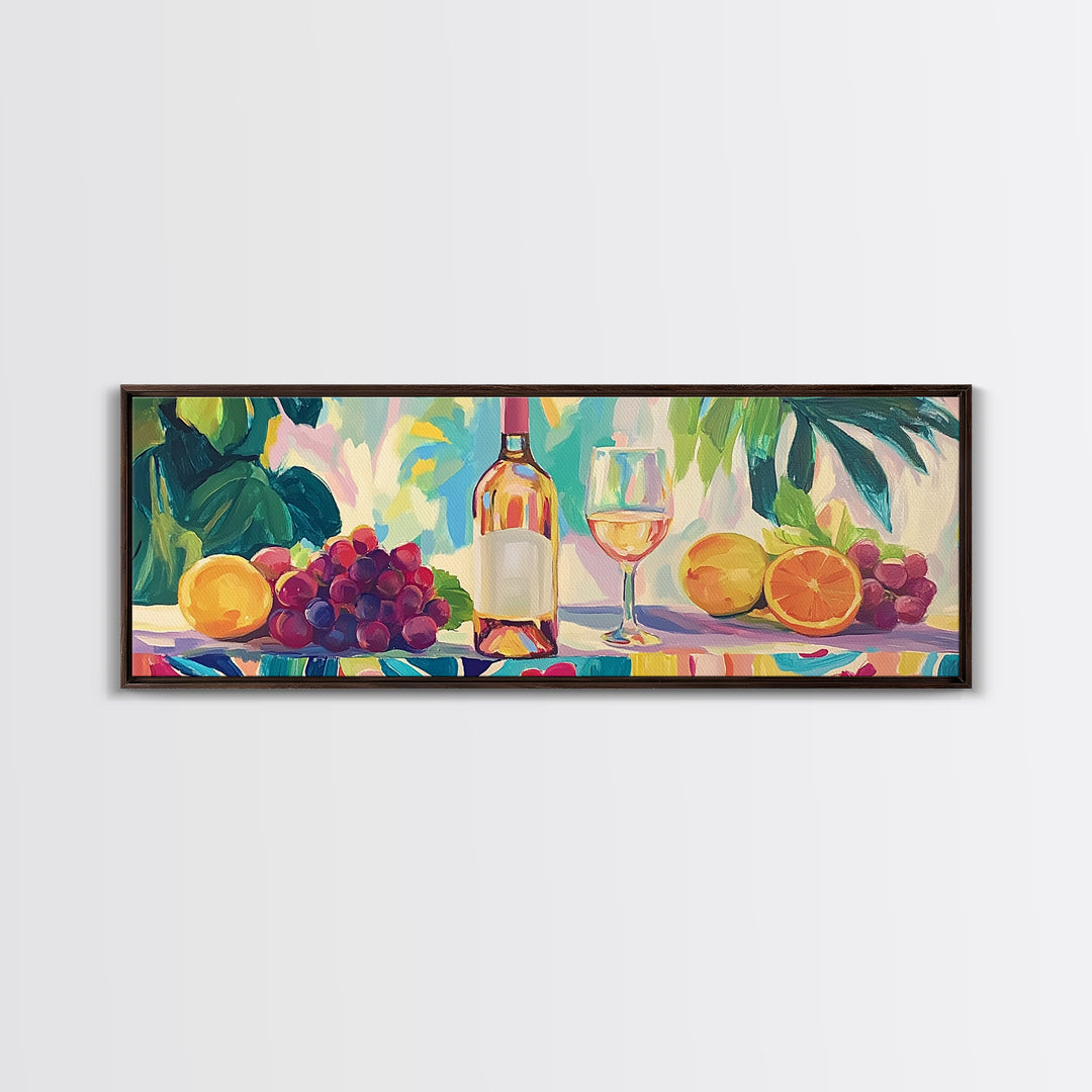 Wine Bottle With Citrus And Grapes Canvas Print, Colorful Kitchen Wall Art, Coastal Dining Room Decor, Wine Lover Gift Idea