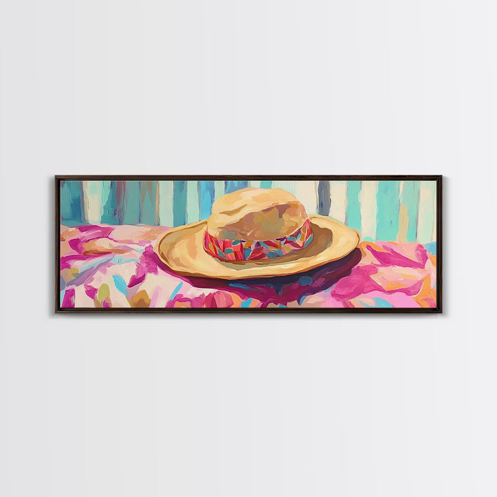 Straw Hat On Floral Beach Towel Canvas Print, Coastal Wall Art, Summer Patio Decor, Beach House Gift For Her, Tropical Home Decor