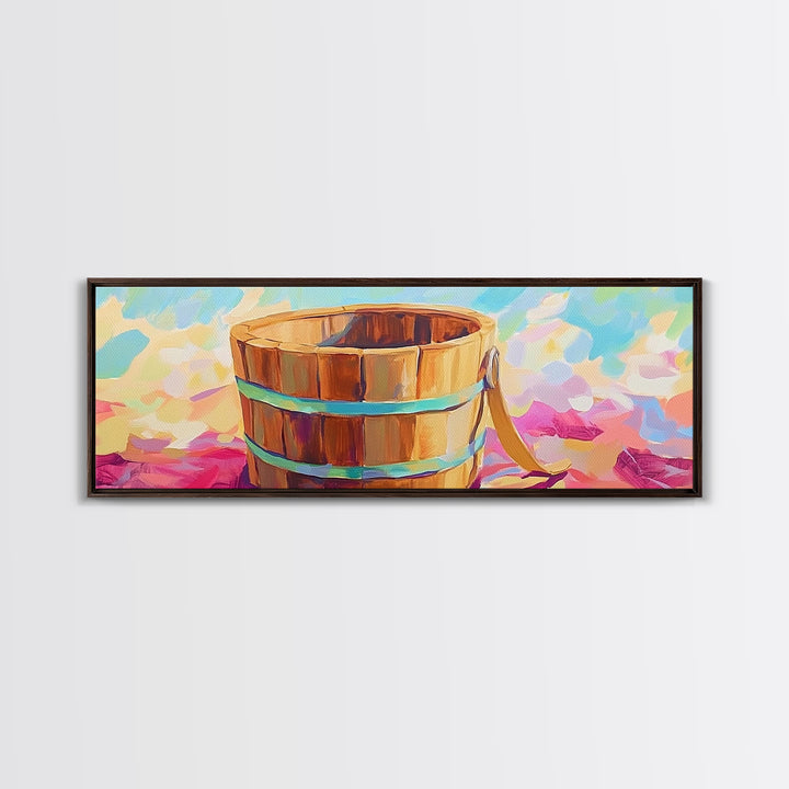 Wooden Beach Bucket On Pink Towel Canvas Print, Coastal Wall Art, Summer Bathroom Decor, Beach House Wall Decor Gift Idea