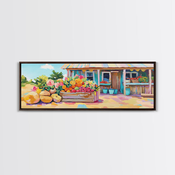 Fruit Stand With Flowers And Citrus Canvas Print, Farmhouse Kitchen Wall Art, Country Home Decor, Farmers Market Gift Idea