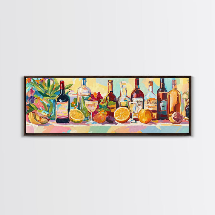 Colorful Wine Bottles And Citrus Still Life Canvas Print, Kitchen Wall Art, Dining Room Decor, Bar Cart Art, Wine Lover Gift