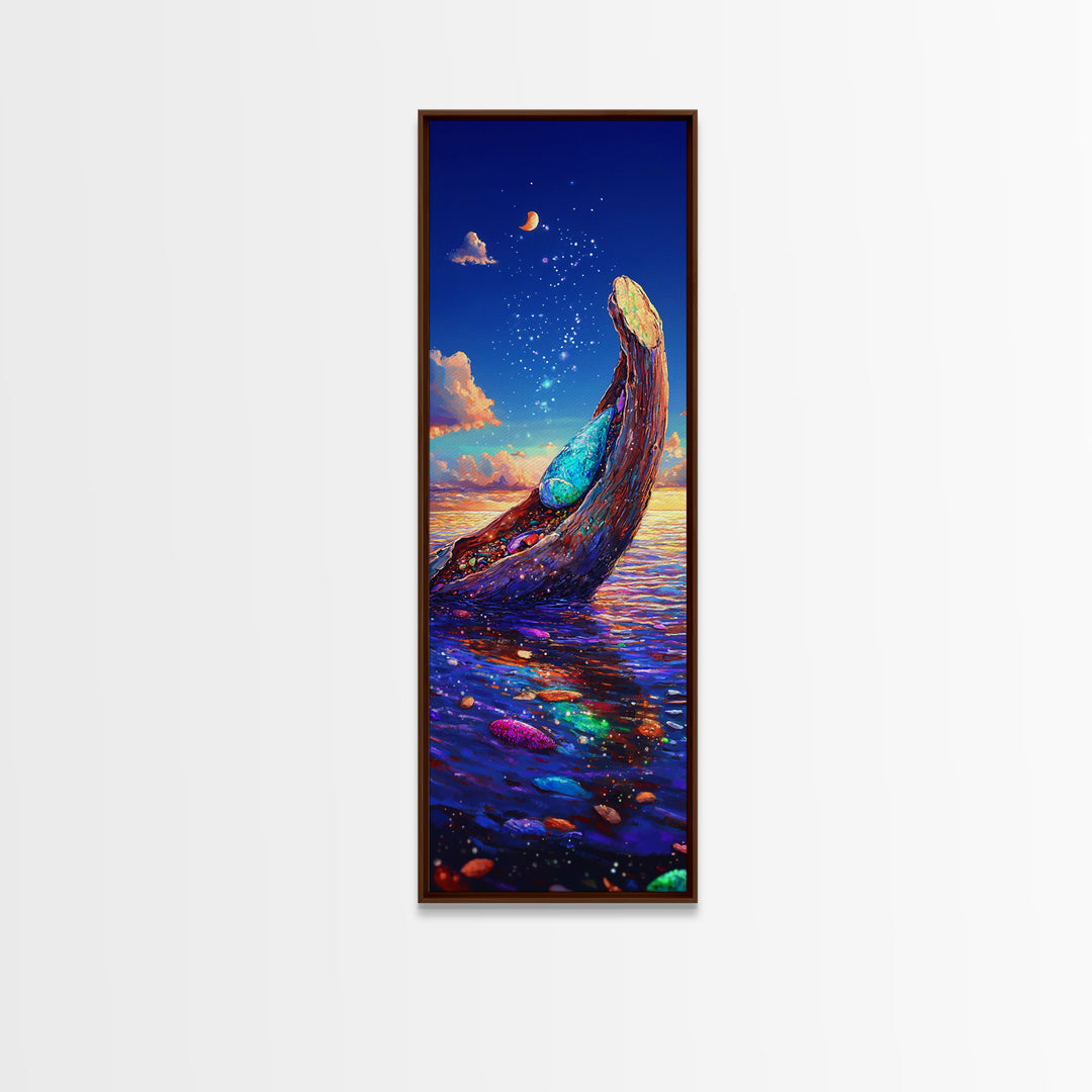 Moonlit Ocean Whale Canvas Print, Colorful Seascape Painting, Magical Coastal Wall Art, Beach House Decor, Fantasy Gift Idea