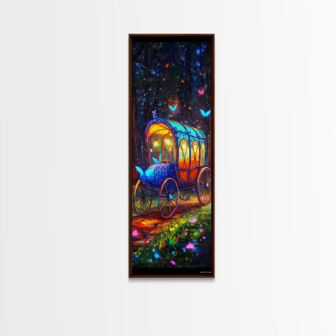 Glowing Fairy Tale Carriage In Forest Wall Art, Whimsical Fantasy Art Print, Nursery Decor, Magical Woodland Decor, Kids Room Art
