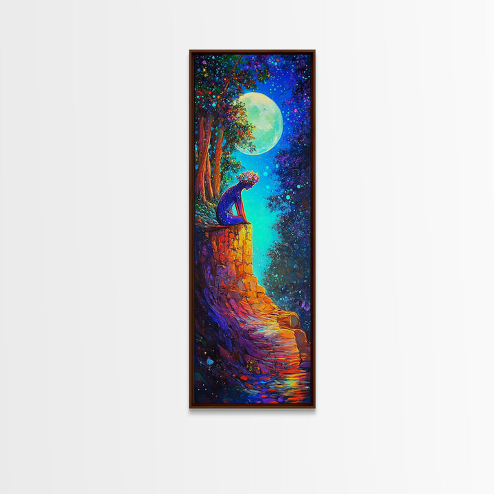 Moonlit Black Cat On Stone Wall Canvas Print, Whimsical Fantasy Wall Art, Celestial Decor, Cat Lover Gift, Nursery Art Print