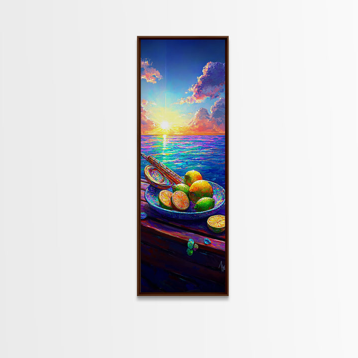 Ocean Sunset With Limes And Oar Framed Canvas Print, Coastal Kitchen Wall Art, Beach House Decor, Vibrant Seascape Art Print