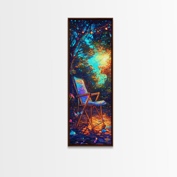 Empty Chair In Glowing Forest Wall Art, Magical Nature Canvas Print, Whimsical Garden Decor, Cozy Outdoor Patio Art Print