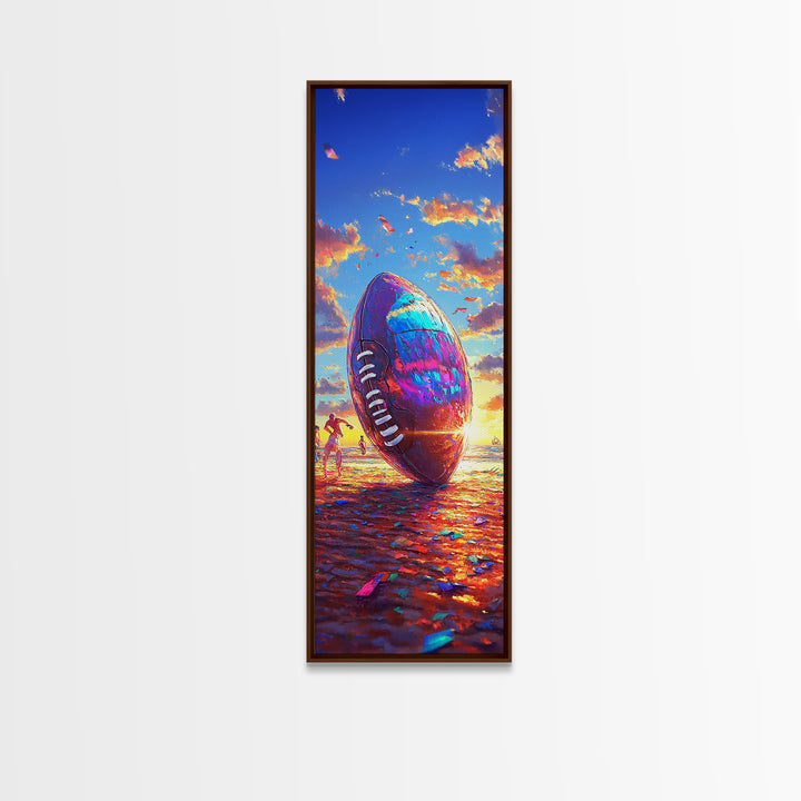 Giant Football At Sunset Beach Canvas Print, Sports Wall Art, Boys Room Decor, Game Room Art, Gift For Him, Sports Gift For Dad