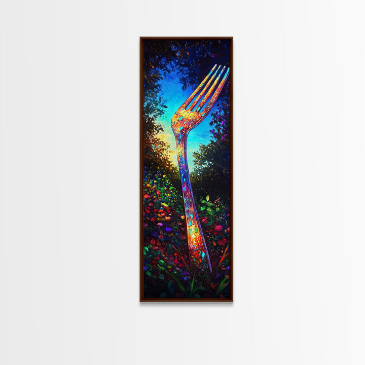 Giant Rainbow Fork In Garden Wall Art, Surreal Kitchen Canvas Print, Whimsical Food Decor, Funky Dining Room Art Print Gift