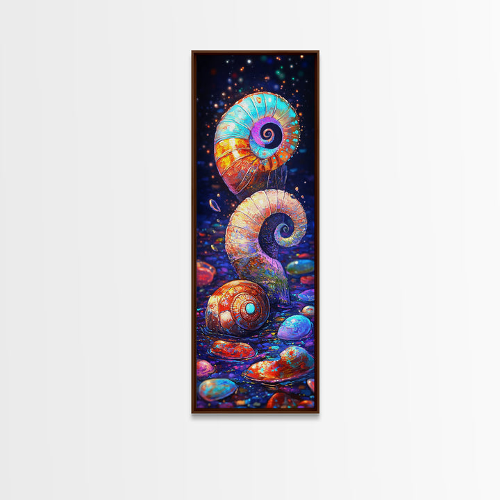 Rainbow Spiral Seashells And Pebbles Wall Art, Coastal Canvas Print, Nautical Bathroom Decor, Ocean Lover Gift For Her Beach