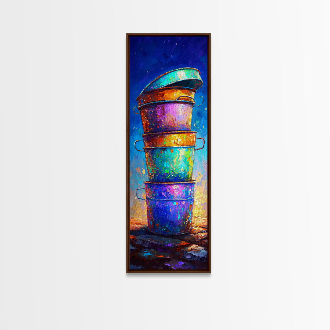 Stacked Rainbow Metal Buckets Framed Canvas Print, Rustic Farmhouse Wall Art, Colorful Laundry Room Decor, Unique Art Gift