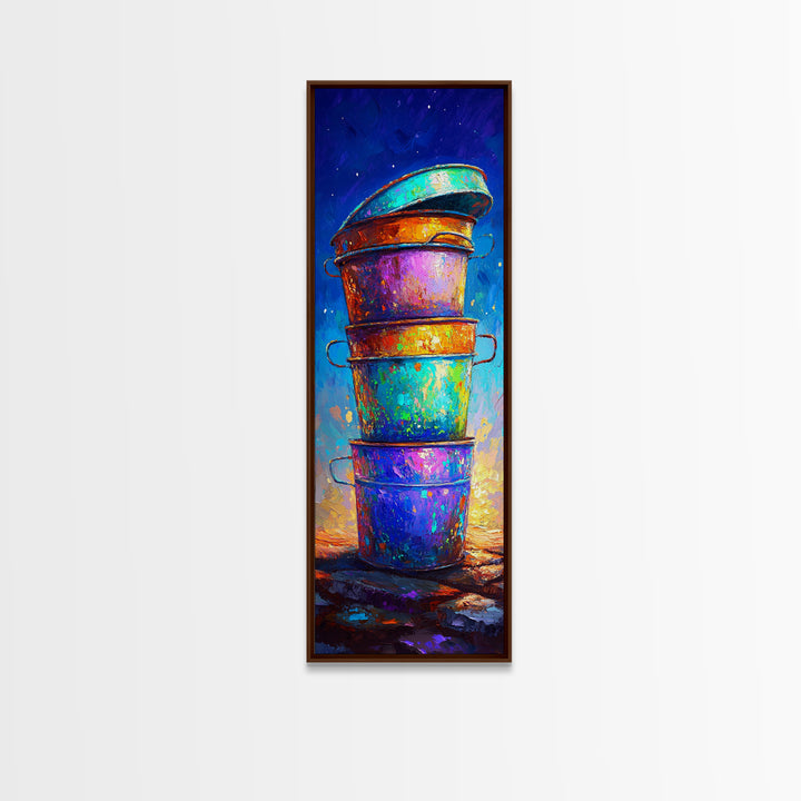 Stacked Rainbow Metal Buckets Framed Canvas Print, Rustic Farmhouse Wall Art, Colorful Laundry Room Decor, Unique Art Gift