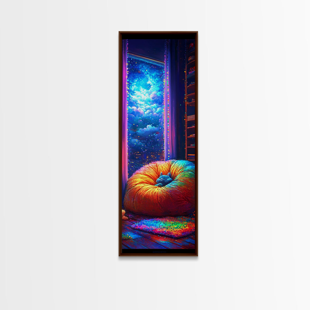 Cozy Rainbow Bean Bag By Starry Window Wall Art, Whimsical Bedroom Canvas Print, Galaxy Room Decor, Dreamy Art Gift For Her