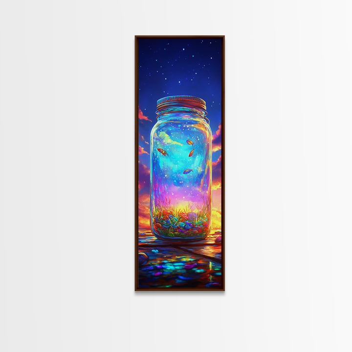 Glowing Mason Jar With Tiny Fish At Sunset Canvas Print, Magical Celestial Wall Art, Colorful Nature Decor, Unique Art Gift