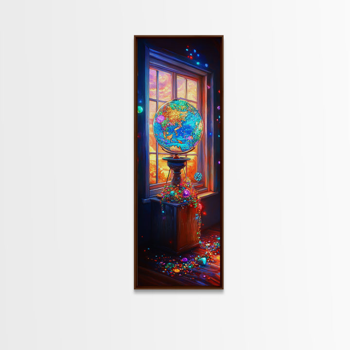 Glowing Jeweled Globe By Window Framed Canvas Print, Colorful Celestial Wall Art, Whimsical Office Decor, Unique Art Gift