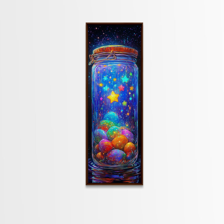 Glowing Star Jar With Tiny Planets Wall Art, Whimsical Celestial Canvas, Colorful Nursery Decor, Space Lover Gift Print Poster