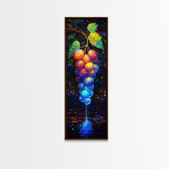 Glowing Grapes Reflecting On Water Framed Canvas Print, Vineyard Wall Art, Colorful Kitchen Decor, Fruit Art Poster Gift