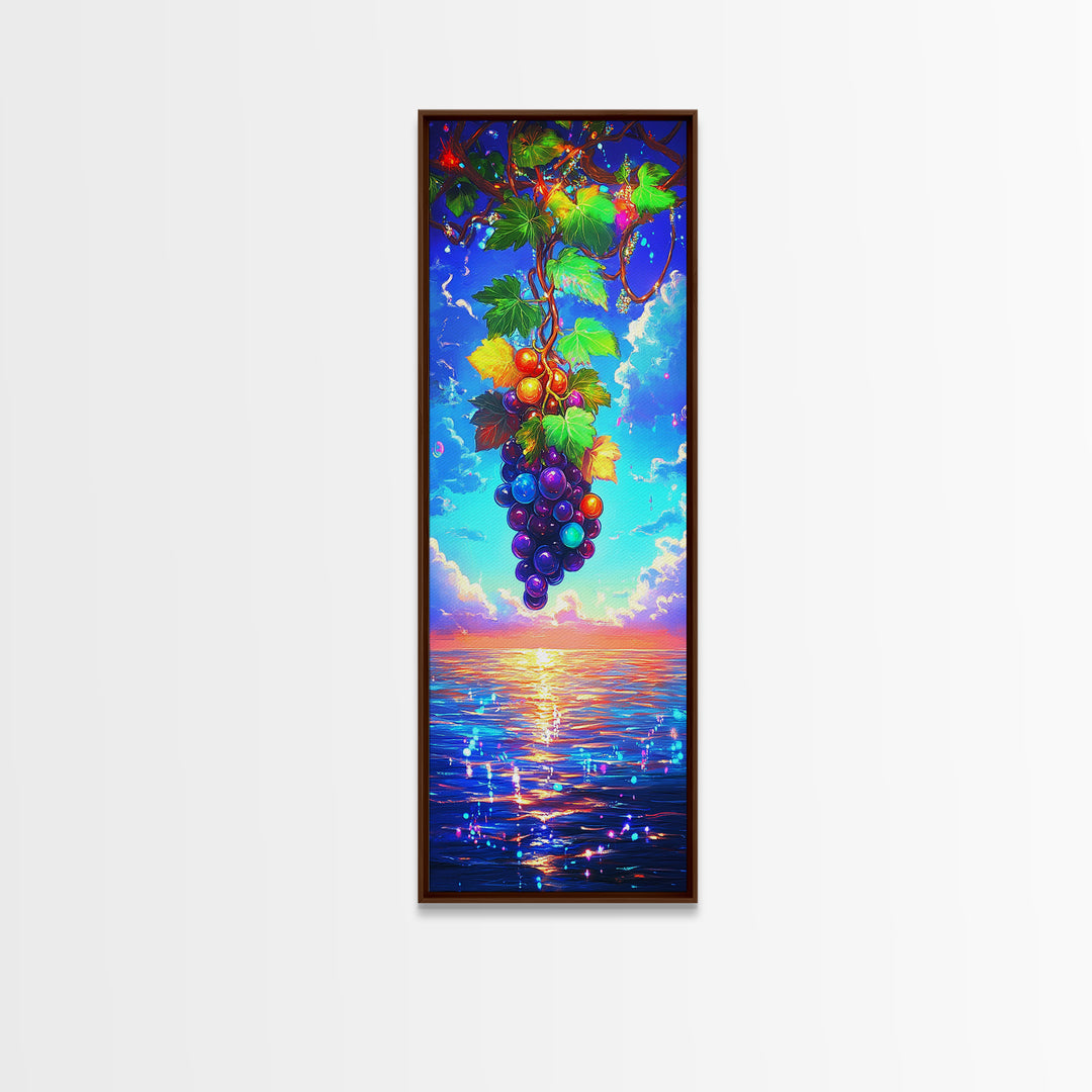 Sunlit Grapes Over Ocean Sunset Canvas Print, Vineyard Wall Art, Coastal Kitchen Decor, Colorful Fruit Art Housewarming Gift