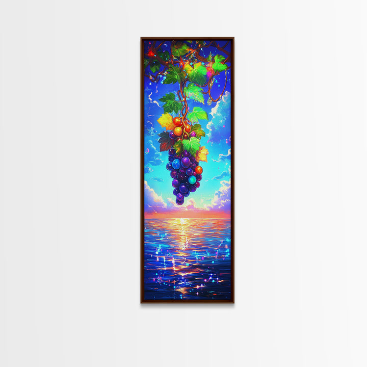 Sunlit Grapes Over Ocean Sunset Canvas Print, Vineyard Wall Art, Coastal Kitchen Decor, Colorful Fruit Art Housewarming Gift
