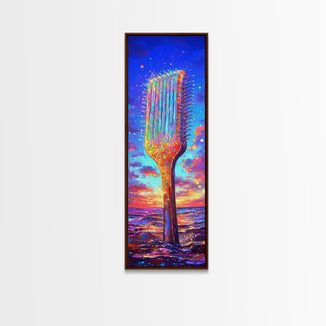 Giant Rainbow Hair Comb At Ocean Sunset Canvas Print, Salon Wall Art, Beauty Salon Decor, Colorful Coastal Gift Print Poster