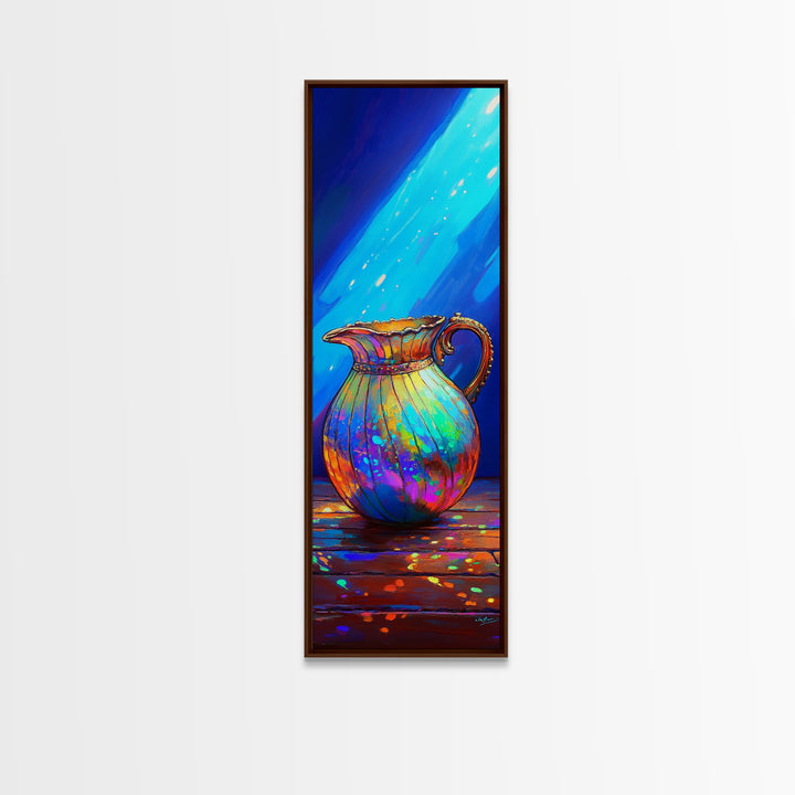 Iridescent Rainbow Pitcher In Blue Light Framed Canvas Print, Colorful Kitchen Wall Art, Modern Eclectic Home Decor Gift