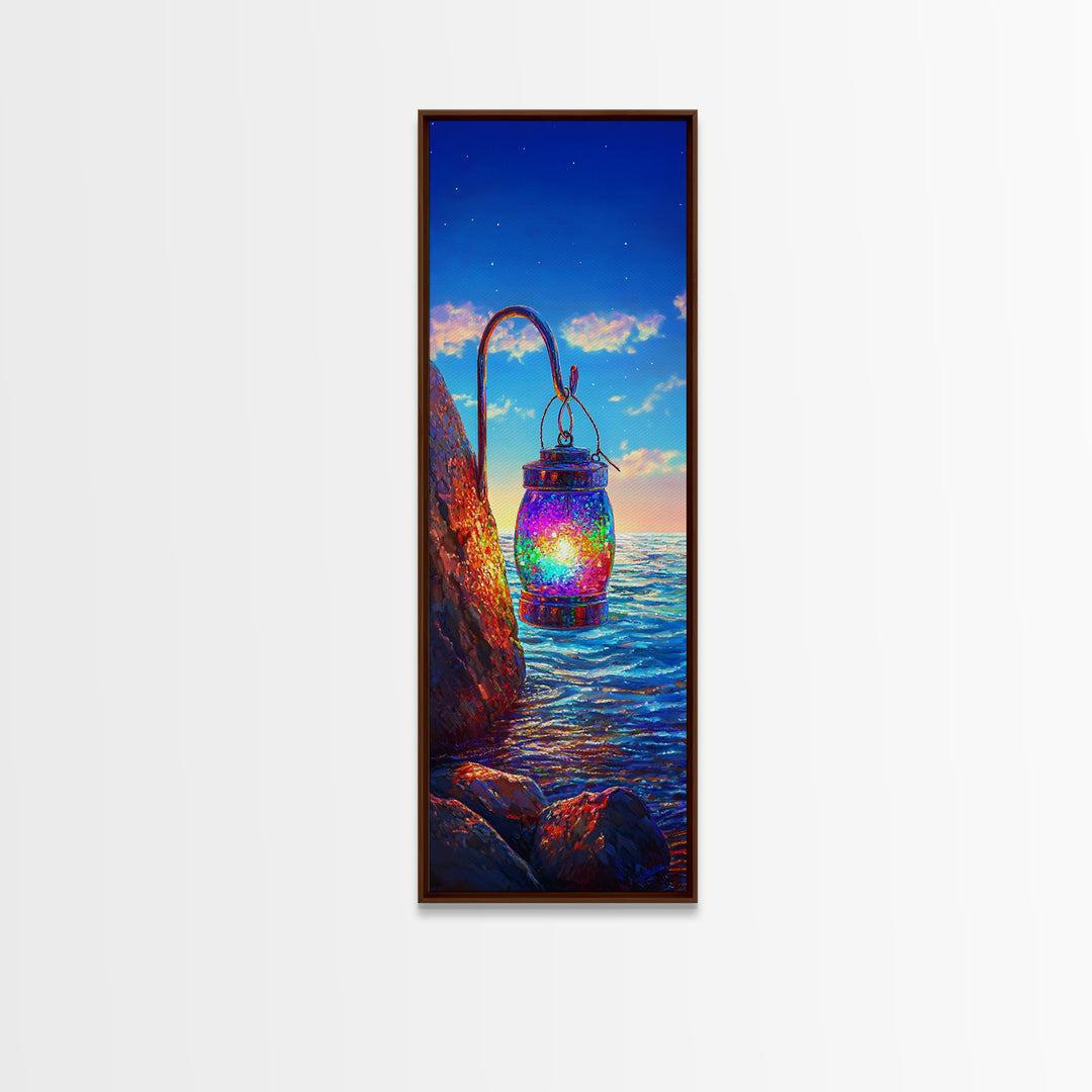 Hanging Rainbow Lantern Canvas Print, Coastal Wall Art, Ocean Sunset Painting, Nautical Decor, Beach House Living Room Art