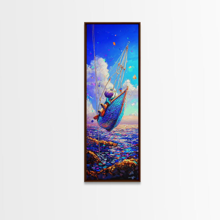 Colorful Hammock Over Ocean Cliffs Canvas Print, Coastal Wall Art, Beach House Decor, Nautical Wall Art, Summer Travel Poster