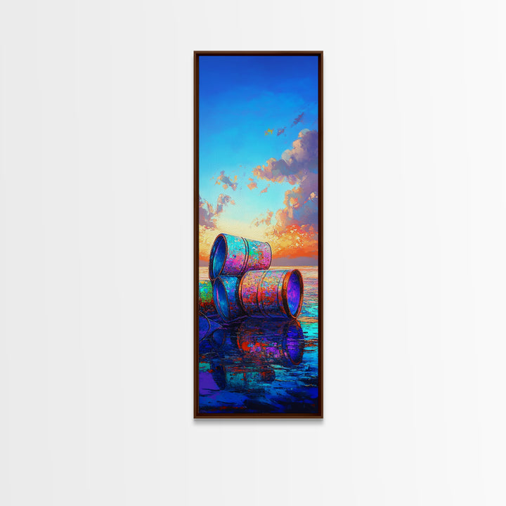 Colorful Beach Barrels Framed Canvas Print, Coastal Wall Art, Ocean Sunset Painting, Nautical Home Decor, Beach House Gift