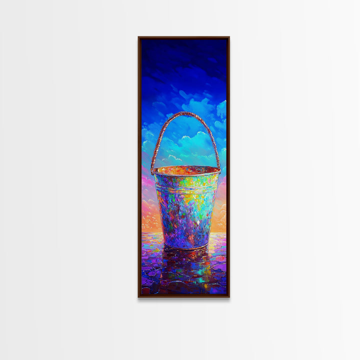 Iridescent Beach Pail Wall Art, Colorful Coastal Canvas, Summer Beach House Decor, Ocean Nursery Art, Whimsical Housewarming Gift