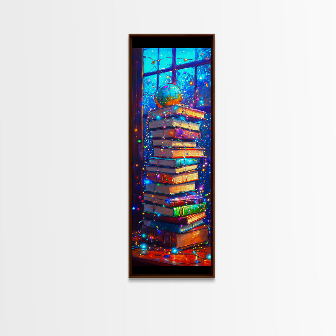 Glowing Books And Globe Wall Art, Cozy Library Art Print, Book Lover Gift, Reading Nook Decor, Bookish Home Decor For Living Room Decor