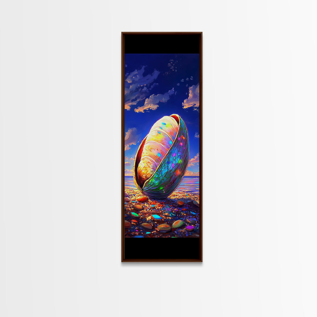 Iridescent Seashell On Pebble Beach Canvas Print, Coastal Wall Decor, Ocean Lover Gift, Beach House Decor, Nautical Art Print