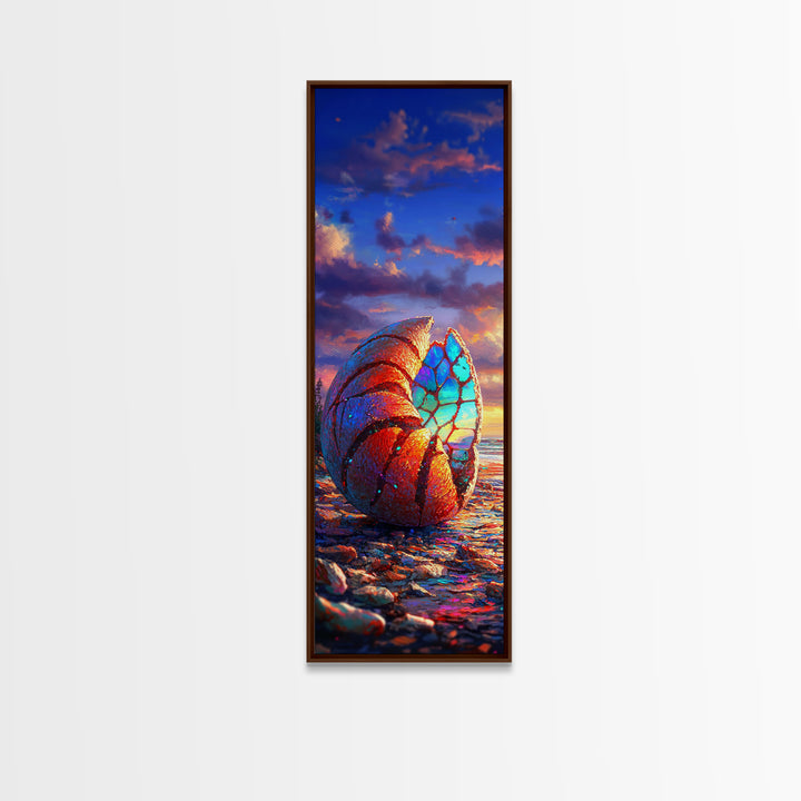 Rainbow Nautilus Seashell At Sunset Wall Art, Coastal Canvas Print, Beach House Decor, Ocean Landscape Art, Seaside Gift
