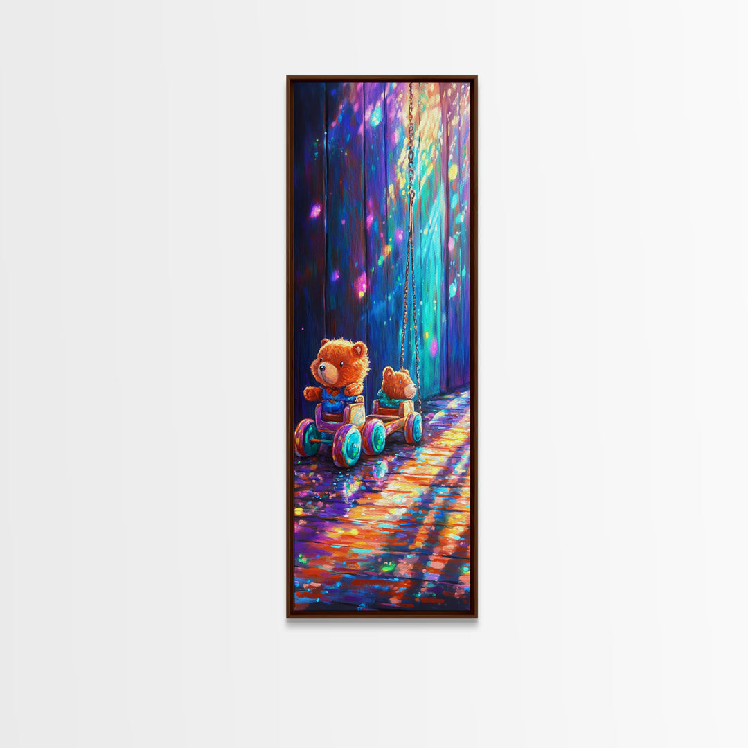 Teddy Bear Toy Wagon In Magical Light Wall Art, Nursery Canvas Print, Whimsical Woodland Kids Room Decor, Baby Shower Gift