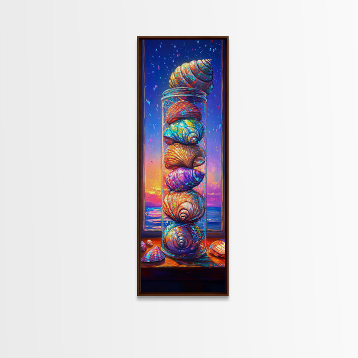 Stacked Rainbow Seashells In Window Framed Canvas Print, Coastal Wall Art, Beach House Decor, Nautical Wall Decor Housewarming Gift