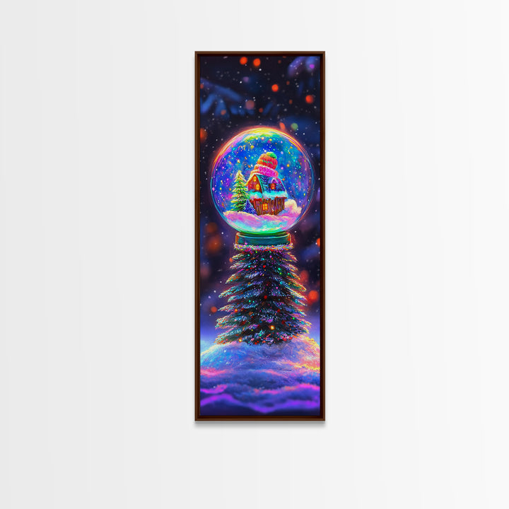 Glowing Snow Globe Cabin On Winter Tree Framed Canvas Print, Christmas Wall Art, Cozy Holiday Decor, Housewarming Gift Idea