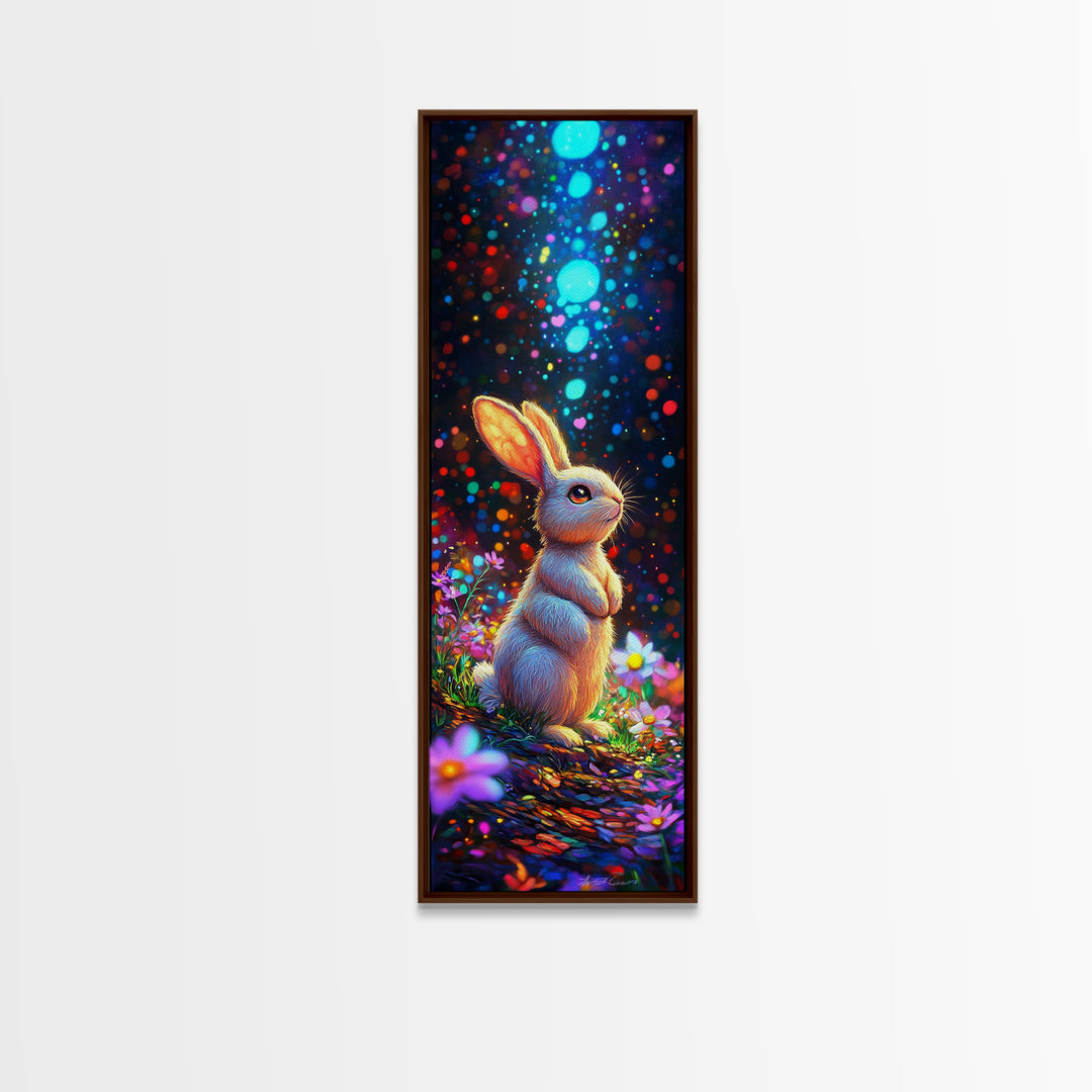 Cute Bunny In Magical Flower Garden Framed Canvas Print, Whimsical Animal Wall Art, Nursery Decor, Kids Room Art Gift, Baby Shower Gift