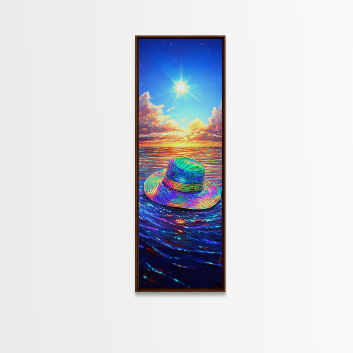 Rainbow Sun Hat On Sparkling Ocean Canvas Print, Beach Wall Art, Coastal Decor, Summer Seascape For Living Room, Housewarming Gift