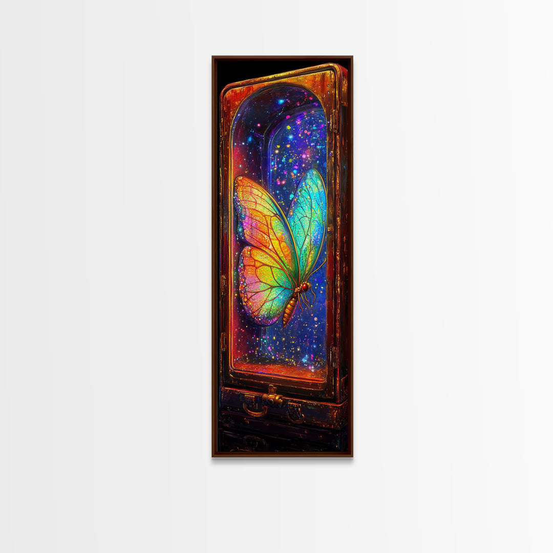 Glowing Rainbow Butterfly In Glass Case Wall Art, Celestial Fantasy Art Print, Whimsical Wall Decor, Unique Gift For Bedroom Decor
