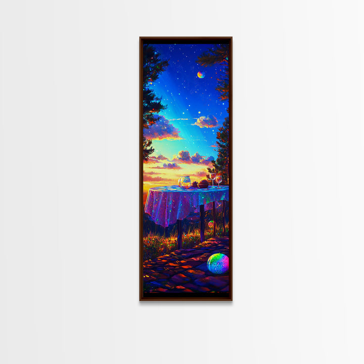 Moonlit Sunset Table With Wine Glasses Framed Canvas Print, Romantic Wall Art, Outdoor Patio Decor, Housewarming Gift, Cozy Home Decor