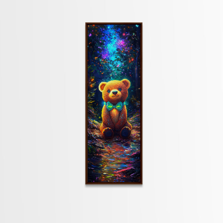 Glowing Teddy Bear In Enchanted Forest Wall Art, Whimsical Nursery Decor, Cute Animal Art Print, Kids Room Decor Gift Idea