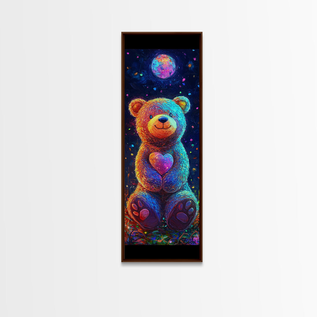 Moonlit Teddy Bear With Heart Framed Canvas Print, Whimsical Wall Art, Nursery Decor, Cute Animal Art, Celestial Room Decor