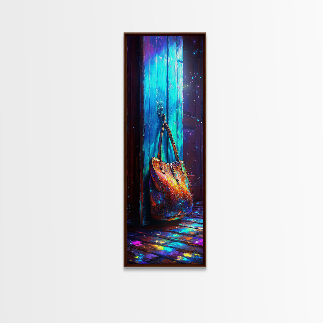 Iridescent Handbag Hanging On Turquoise Door Canvas Print, Fashion Wall Art, Glam Entryway Decor, Gift For Her, Trendy Poster