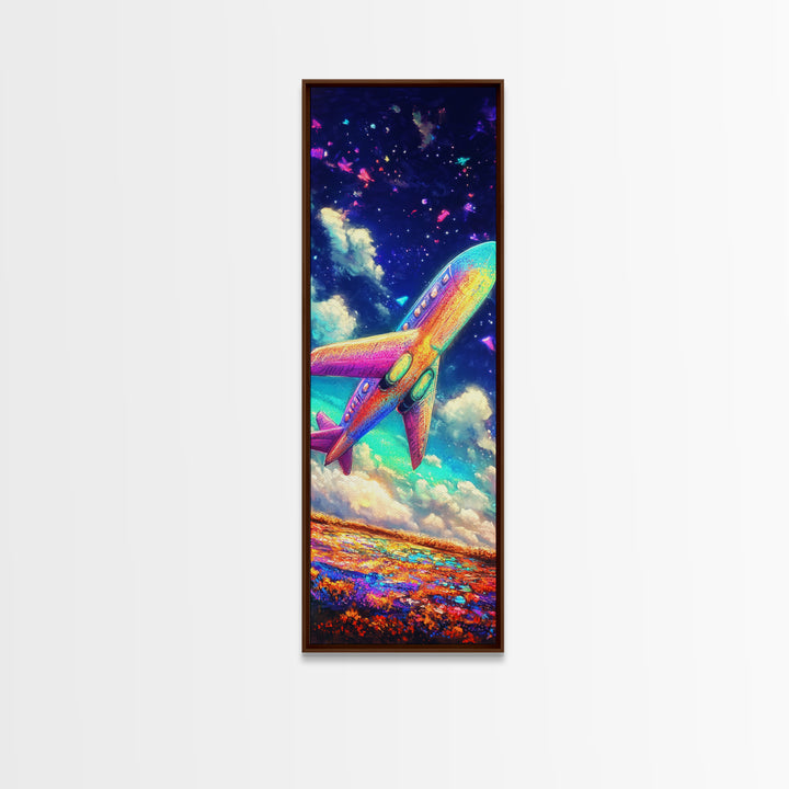 Rainbow Jet Flying Through Starry Clouds Canvas Print, Space Wall Art, Aviation Wall Decor, Kids Room Decor, Gift For Travelers