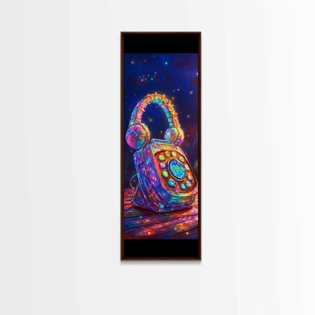 Jeweled Retro Phone With Headphones Framed Canvas Print, Music Wall Art, Funky Wall Decor, Game Room Decor, Gift For Him