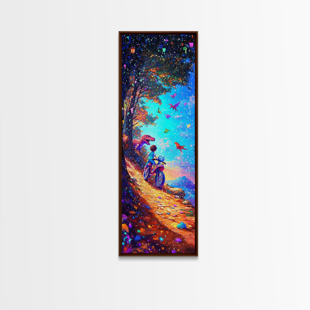 Child Riding Bike Through Dinosaur Forest Canvas Print, Whimsical Wall Art, Fantasy Nursery Decor, Kids Room Art Gift For Children